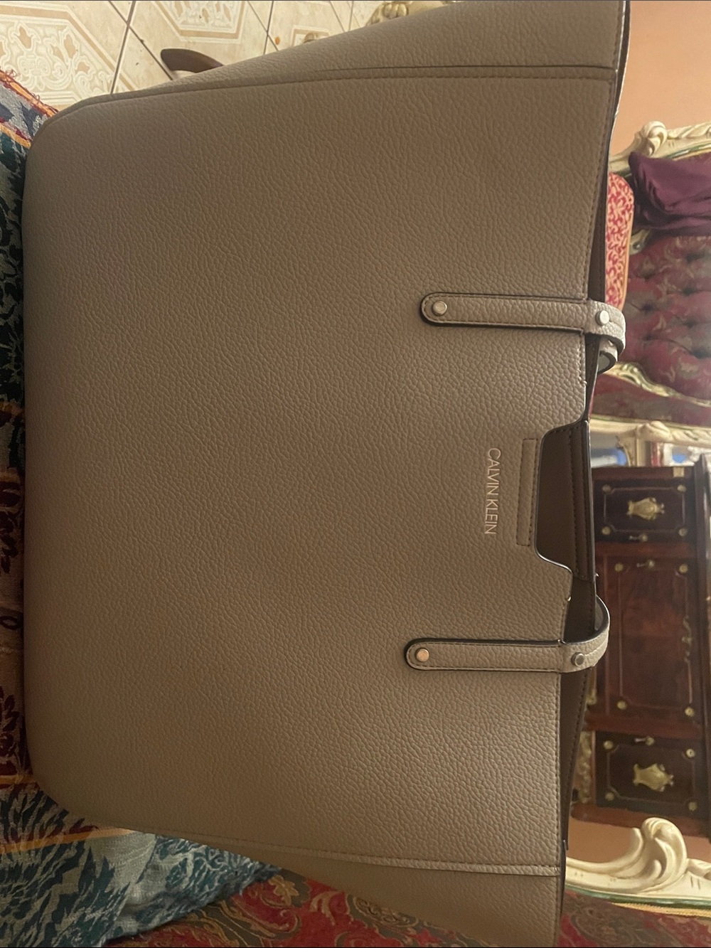 Calvin Klein Taupe Pebble Leather Laptop Tote